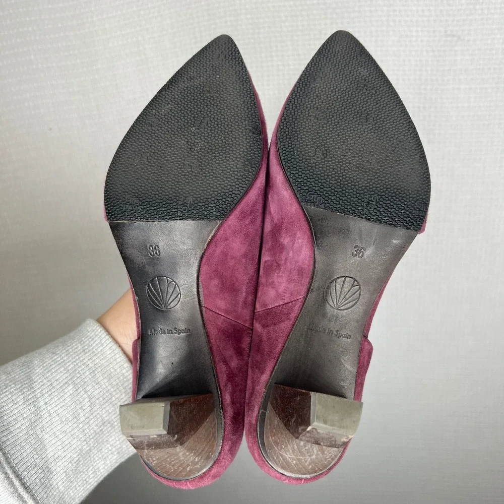 COCLICO Women's Burgundy Suede‎ D'Orsay Pointed Toe Block Heel Shoes Size 36